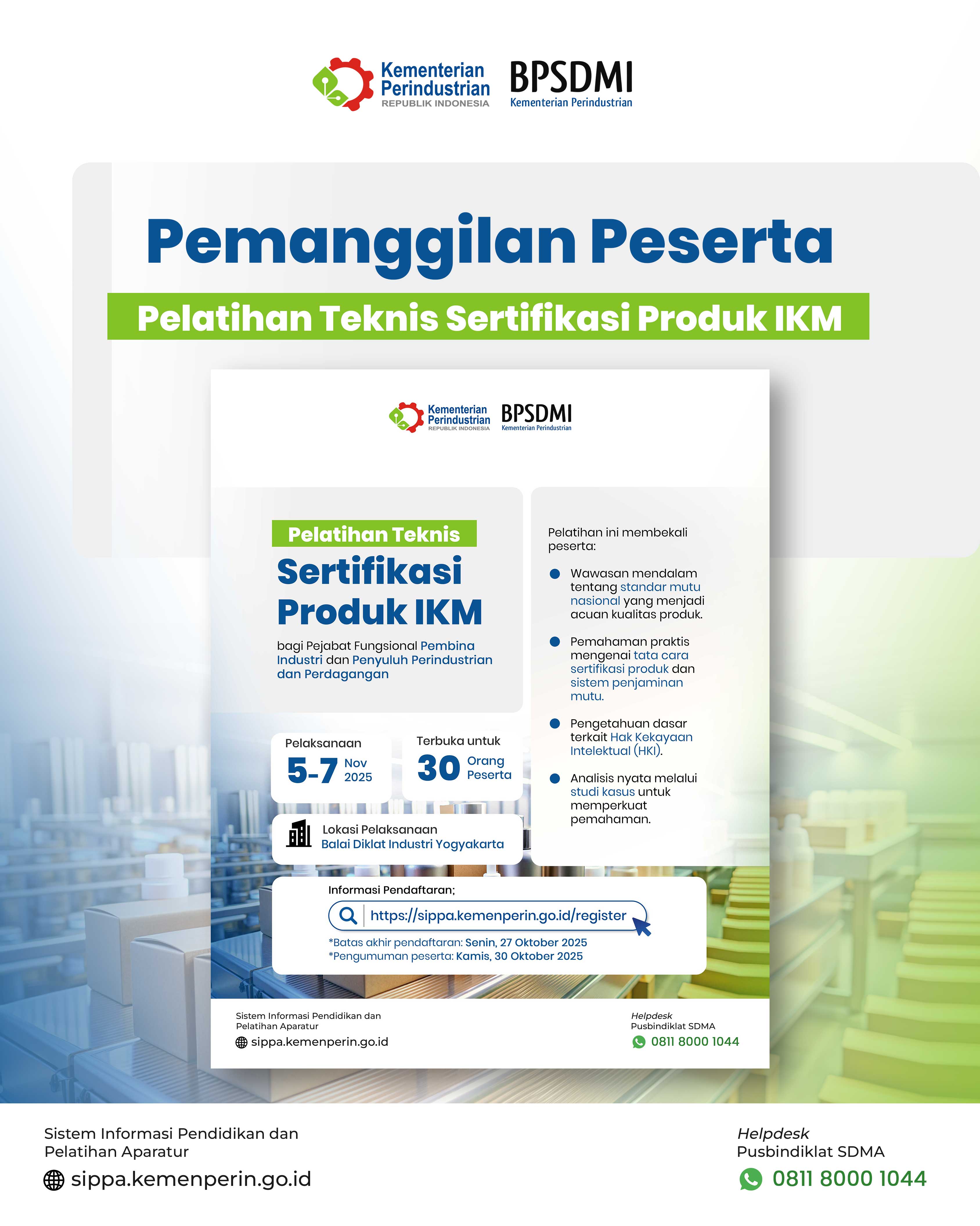 Pemanggilan Peserta Pelatihan Teknis Sertifikasi Produk IKM