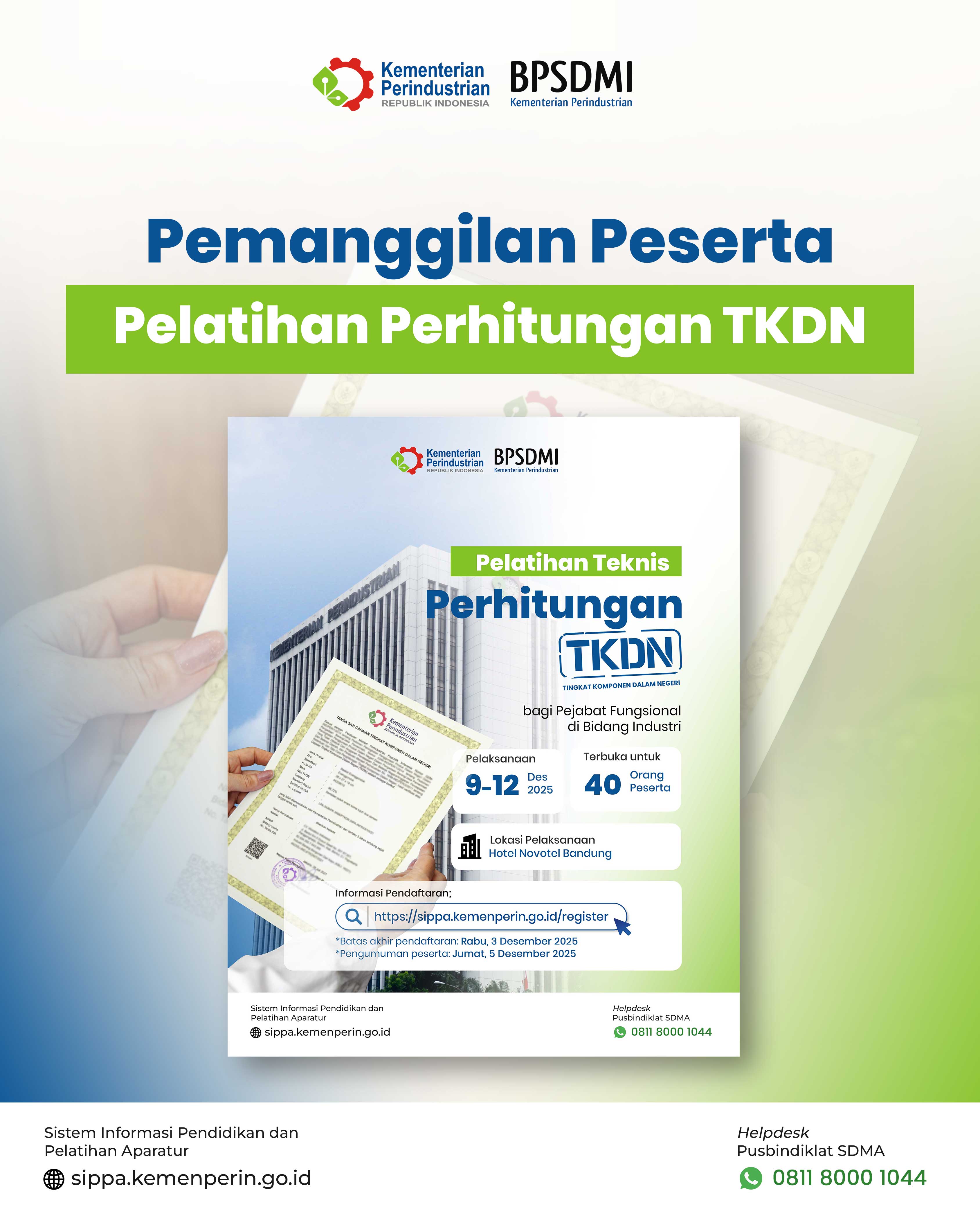 Pemanggilan Peserta Pelatihan Perhitungan TKDN